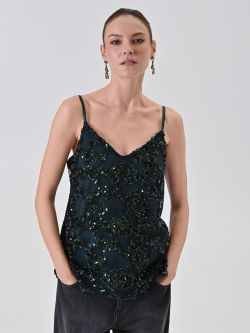 Green Sequin-Embellished Camisole Top in_i7