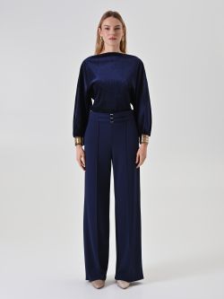 Pantalon palazzo bleu à détail doré det_1