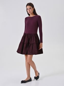 Burgundy Knitted Dress with Flouncy Skirt in_i7