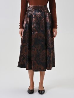 Gonna a ruota cioccolato in jacquard floreale det_2