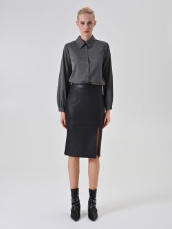 Black Faux Leather Pencil Skirt with Slit det_1