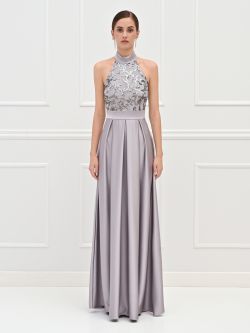Silberfarbenes Maxikleid mit Pailletten-Oberteil und Satinrock det_1