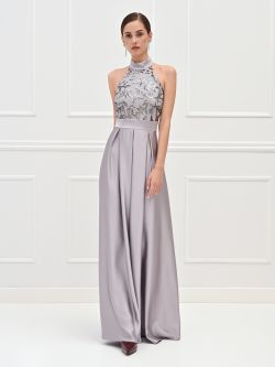 Silberfarbenes Maxikleid mit Pailletten-Oberteil und Satinrock in_i7