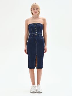 Abito a tubino in denim blu navy con bottoni dorati det_1