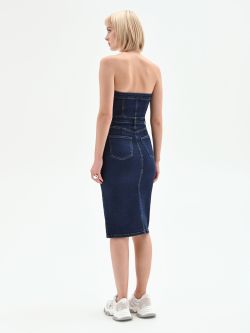 Abito a tubino in denim blu navy con bottoni dorati det_3