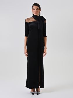 Langes schwarzes Samtkleid mit Schleife 1 Rinascimento Langes schwarzes Samtkleid mit Schleife det_1