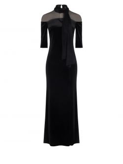 Langes schwarzes Samtkleid mit Schleife det_4