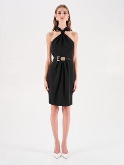 Black Draped-Neck Belted Dress det_1