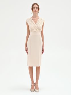 Light Beige Embroidered Bodice Sheath Dress det_1