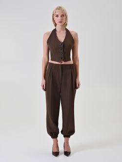 Czekoladowa kamizelka w prążki z dekoltem halter det_1