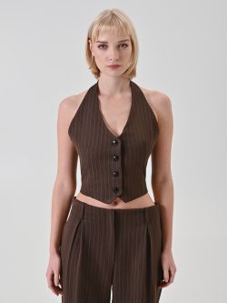 Czekoladowa kamizelka w prążki z dekoltem halter det_2