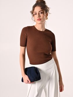 Chocolate Ribbed Crewneck Sweater in_i7