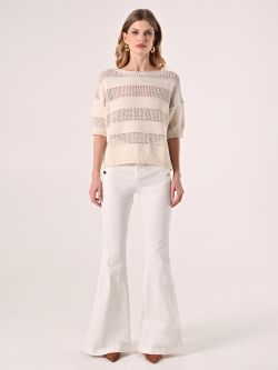 Openwork Knitted Beige T-shirt det_1