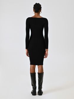 Vestido de punto fino acanalado negro det_3