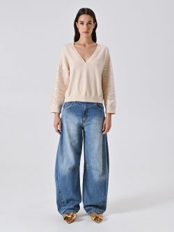 Pullover in Beige mit Pailletten-Ärmeln det_1