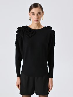 Black Sweater with Embossed Flowers det_2