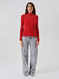 Red Mock Neck Top with Sheer Detailing 1 Rinascimento Red Mock Neck Top with Sheer Detailing det_1