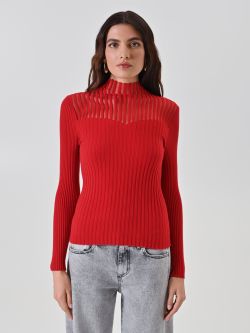 Red Mock Neck Top with Sheer Detailing 2 Rinascimento Red Mock Neck Top with Sheer Detailing det_2