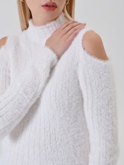 Śmietankowy prążkowany sweter z wycięciami in_i5