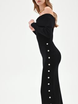 Black Midi Dress with Side Buttons in_i5
