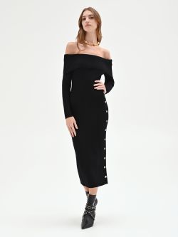 Black Midi Dress with Side Buttons in_i7