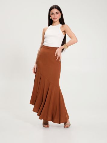 Tobacco-coloured Asymmetrical Skirt with Godets  Rinascimento