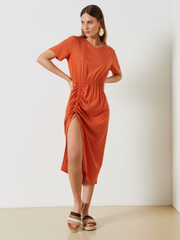 EcoVero™ Slit Dress with Gathered Detail  Rinascimento