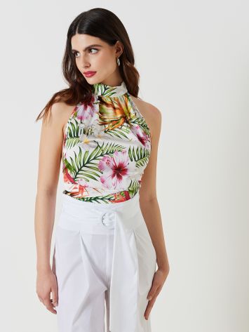Satin Scarf Top with Floral Print   Rinascimento