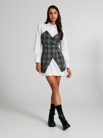 Shirt dress with built-in checkered waistcoat.  Rinascimento