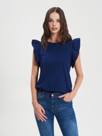 T-Shirt aus Baumwolle mit Rüschen in Blau  Rinascimento