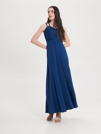 Long Blue Satin Dress with Ties   Rinascimento