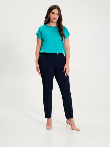 Curvy Navy Blue Trousers with Smock Stitching  Rinascimento