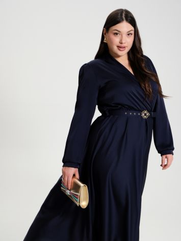 Curvy full-length satin dress with belt   Rinascimento