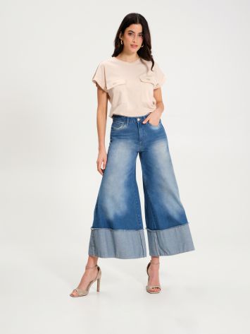Blue Cropped Flared Jeans with Hem  Rinascimento