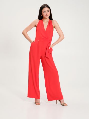 Red Palazzo Jumpsuit with Knot   Rinascimento