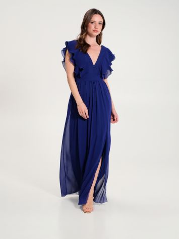 Pleated Long Ruched Dress in Blue  Rinascimento