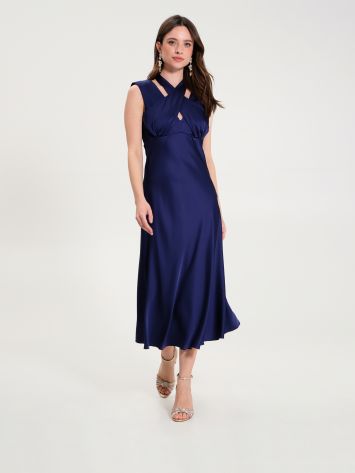 Crossover Satin Dress in Blue  Rinascimento