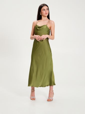 Moss Green Cowl-Neck Dress with Chain