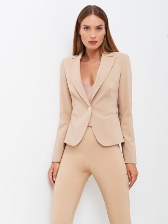 Jacket with One-Button Closure in Beige Technical Fabric