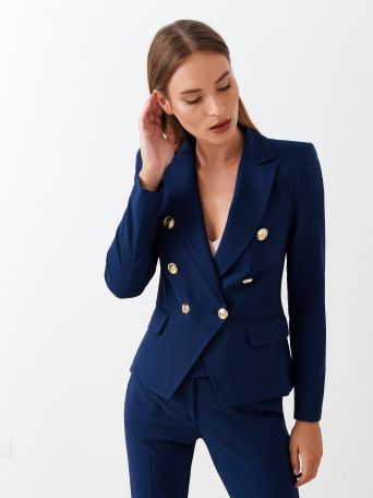 Blue Double-Breasted Jacket in Technical Fabric