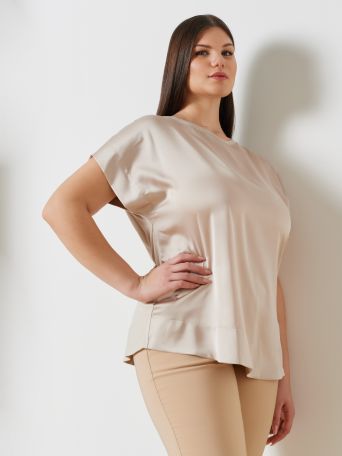 Curvy Crew Neck Blouse in Satin and Viscose Jersey 