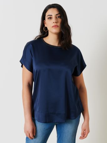 Curvy Crew Neck Blouse in Satin and Viscose Jersey 