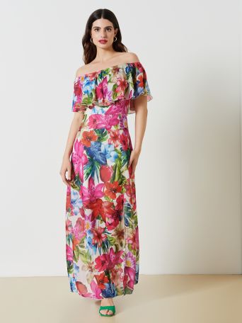Langes Georgette-Kleid mit Blumenmuster.