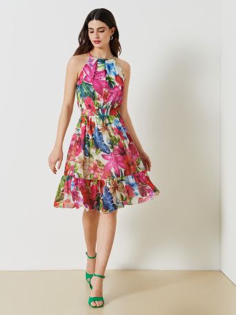 Kurzes Georgette-Kleid mit Blumenmuster.