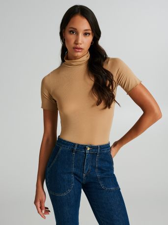 Cashmere-blend short-sleeved turtleneck top