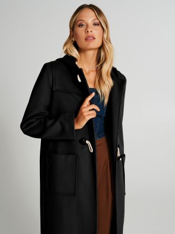 Long coat with toggle closures