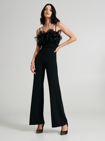 Straight-leg jumpsuit with tulle maxi ruffles