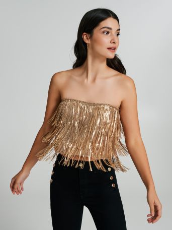 Sequined and fringed tube top