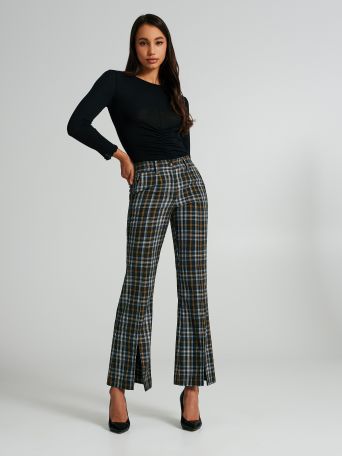 Checkered flared trousers with slits