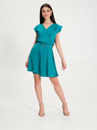 Satin dress with cap sleeves and belt